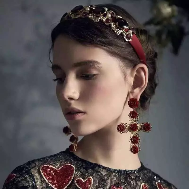 3 Color Baroque rose flowers Cross shaped Earrings