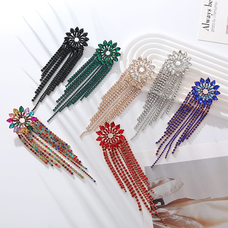 5 Color Rhinestone Sunflower Long Tassel Earrings