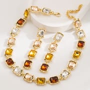 Square Glass Drill Alloy Necklace Earrings Set ﻿