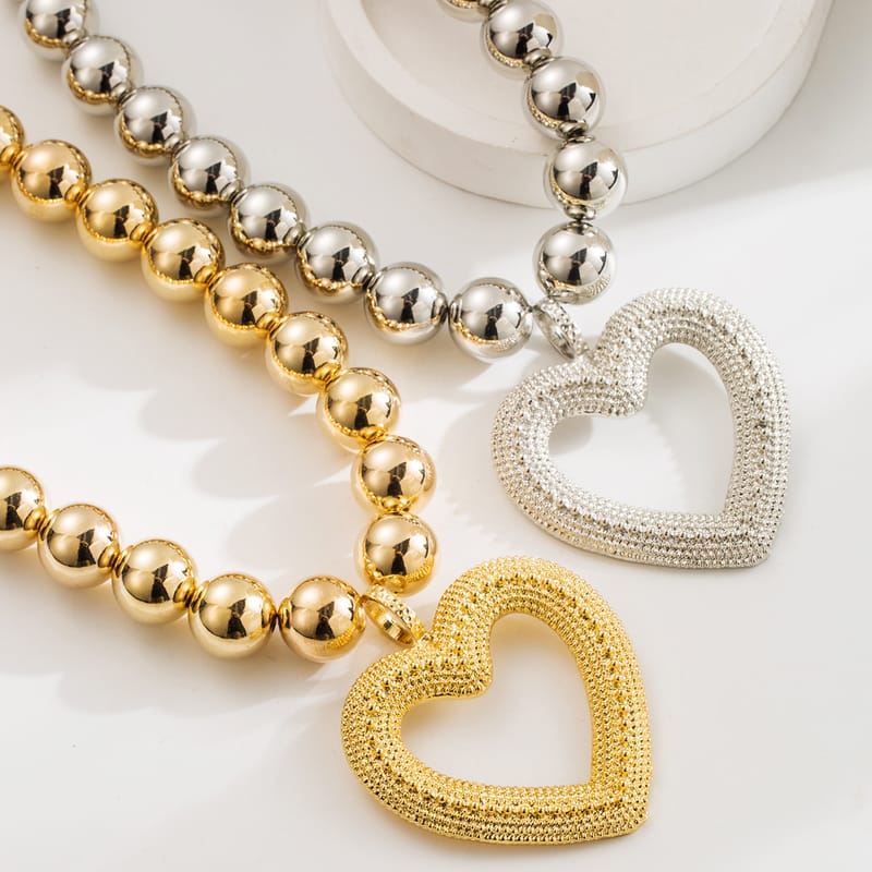 Beaded Chain Hollow Chunky Heart Pendant Necklace