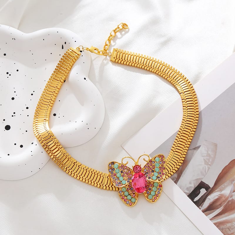 Retro Rhinestone Butterfly Clavicle Chain Necklace