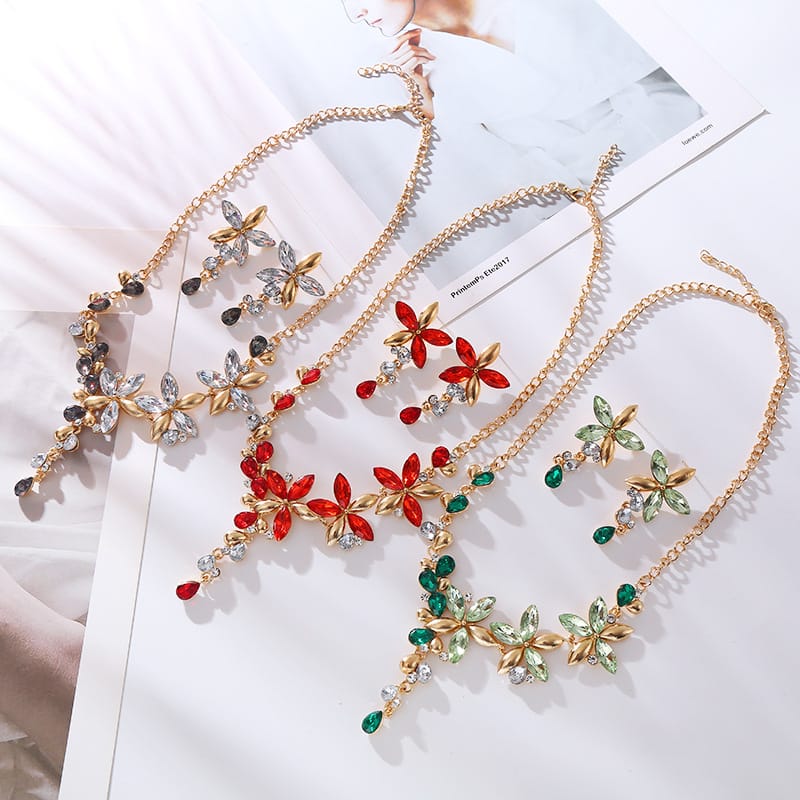 Flower Rhinestone Tassel Earrings Necklace Set