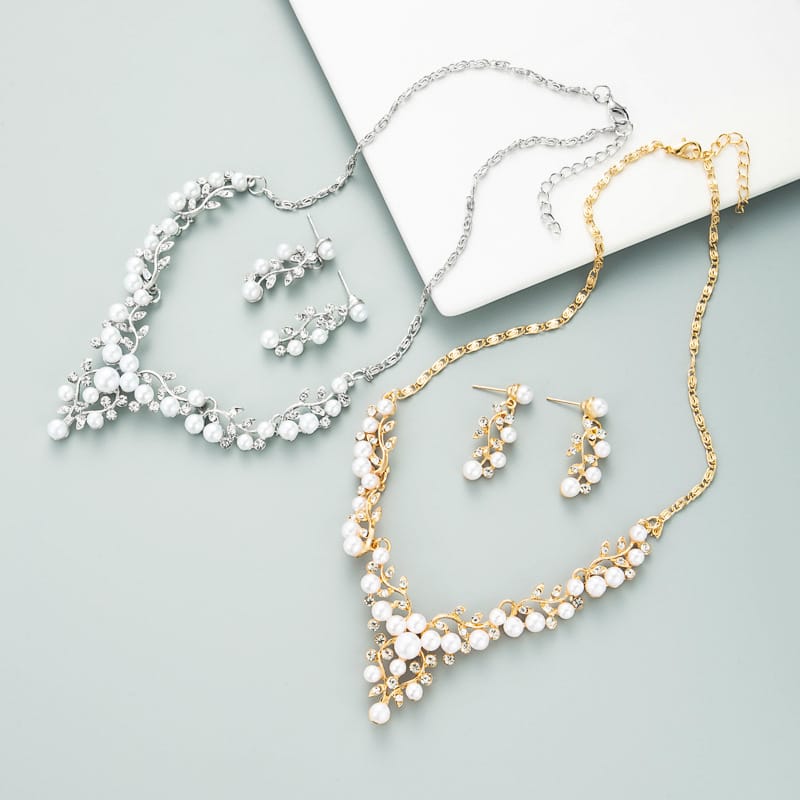 Flowers Leaves Drop Pearl Rhinestone Earrings Necklace Set