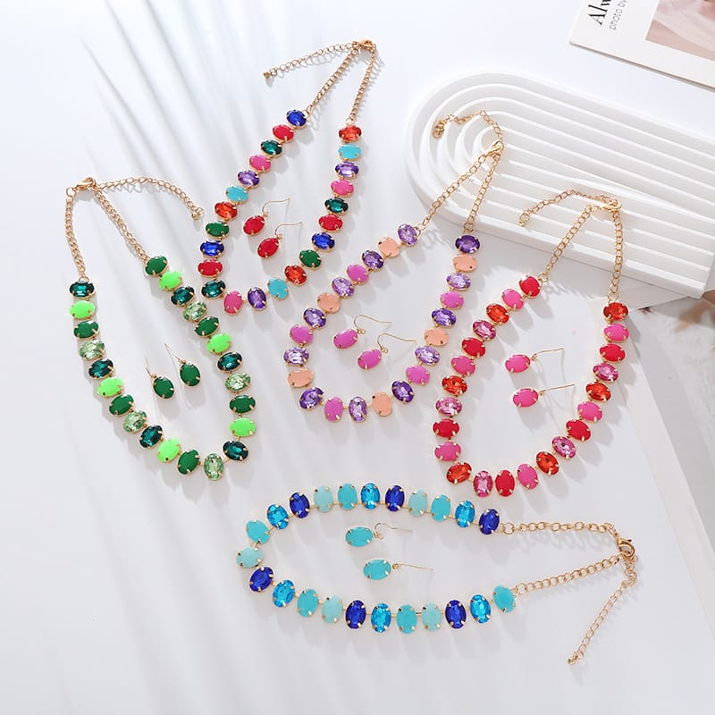 Oval Colored Glass Drill Earrings Necklace Set