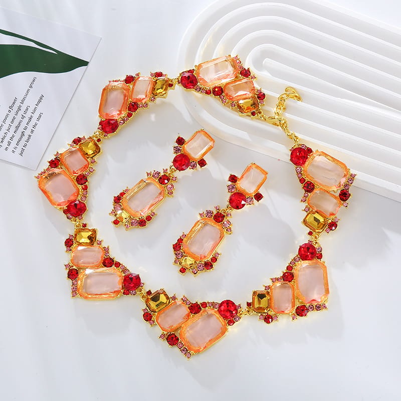 Sugar Cube Rhinestone Earrings Necklace Set