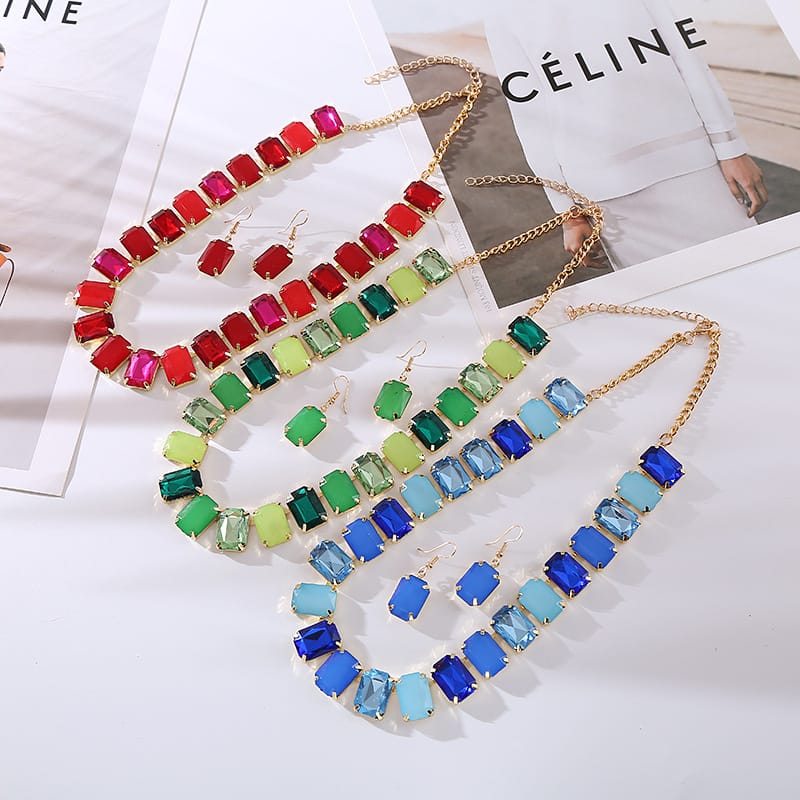 Rhinestone Colorful Square Geometric Earrings Necklace Set