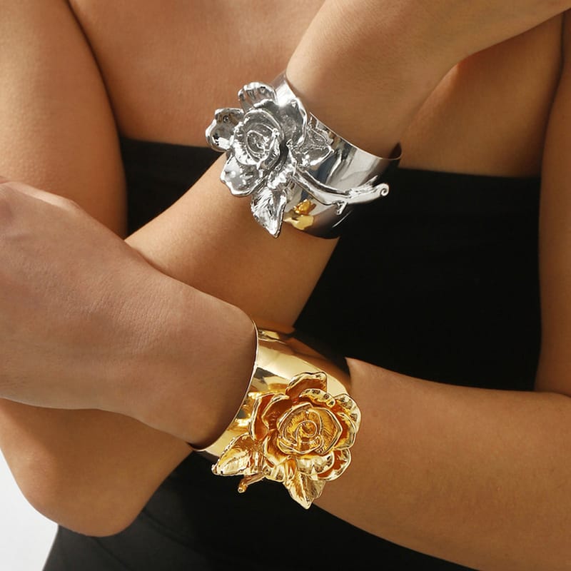 Three Dimensional Alloy Flowers Openings Bracelet