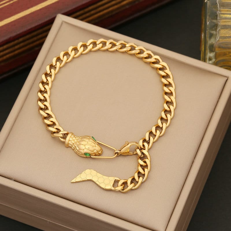 Stainless Steel Snake Head Green Eyes Bracelet