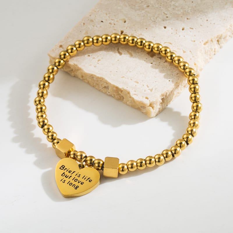 Beaded Chain Strand Heart Pendant Titanium Steel Bracelet