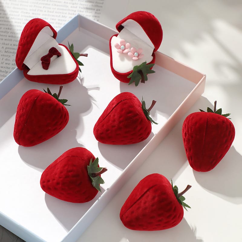 Velvet Strawberry Ring Earrings Jewelry Boxes