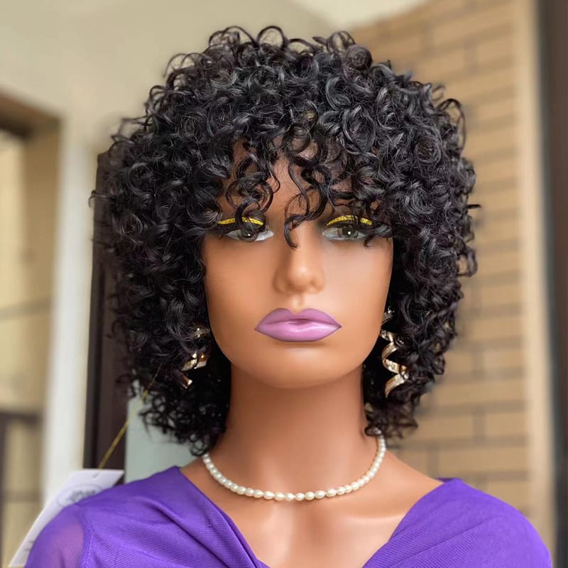 Short Water Curly Human Hair Wigs With Bangs