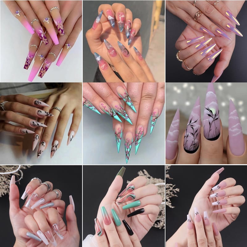 52 Styles Ballerina Coffin French Diamond Press On Nails-O2