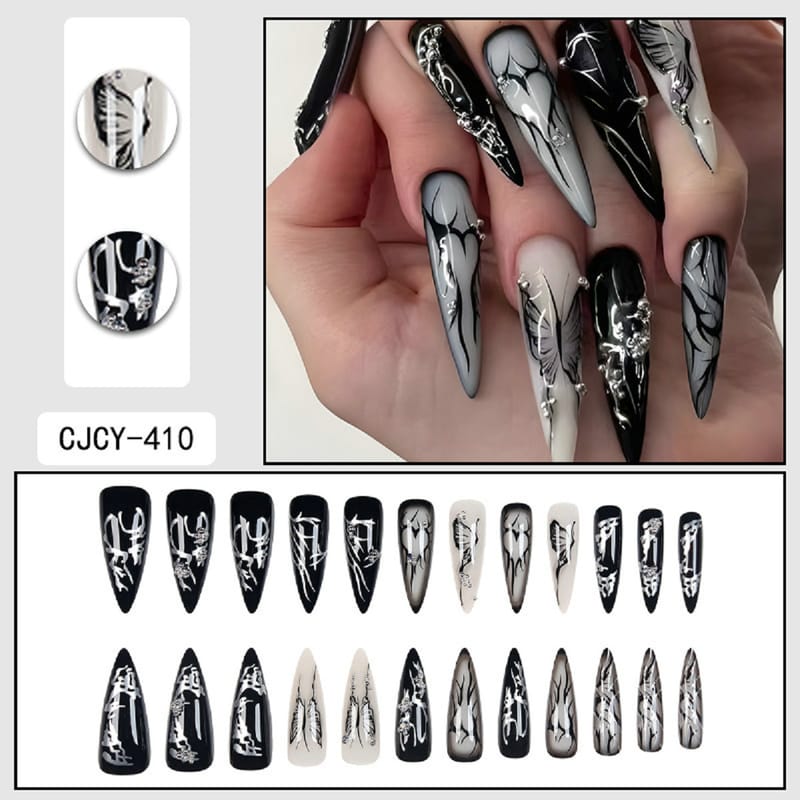 French Gothic Butterfly Elements Black and White Press On Nails