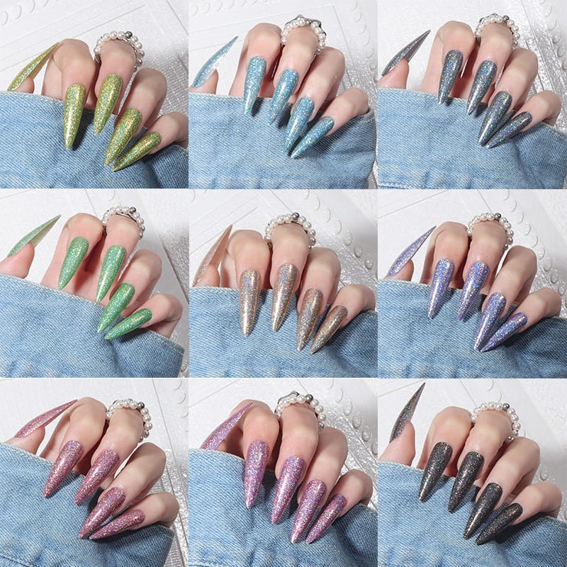 12 Color Long Sharp Laser Glitter Pure Color Press On Nails