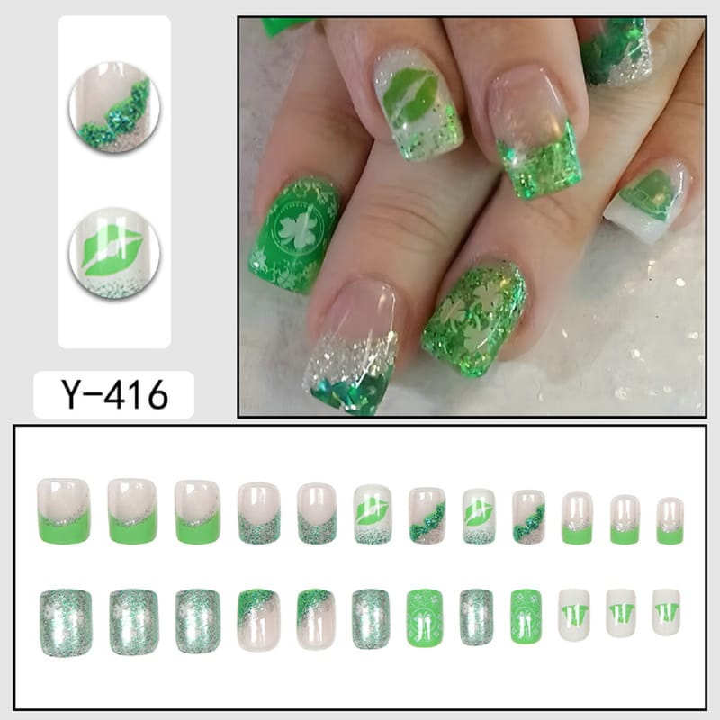Short Green Glitter Clover Kiss Press On Nails
