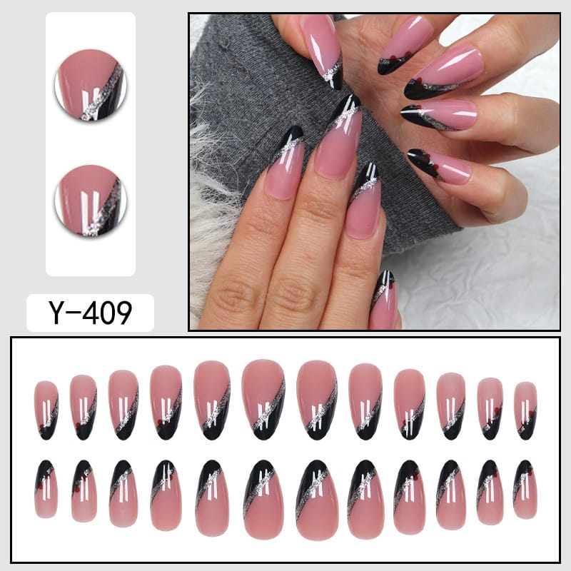 French Almond Oval Black Pink Glitter Press On Nails