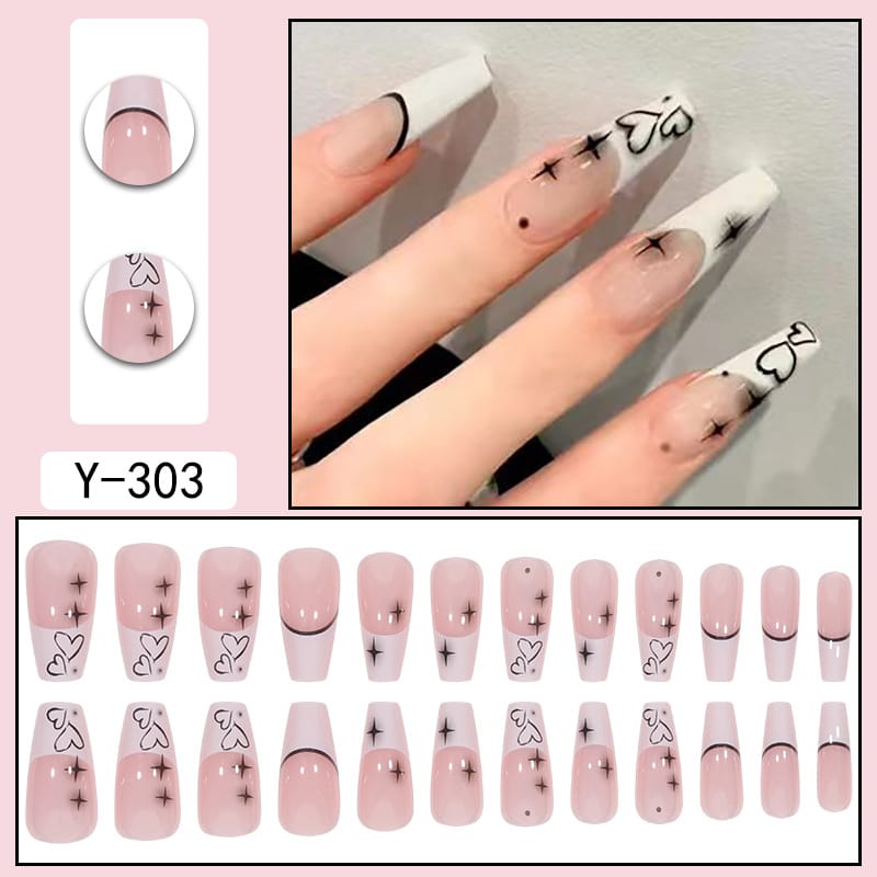 Long Coffin White Black Star Heart Press On Nails
