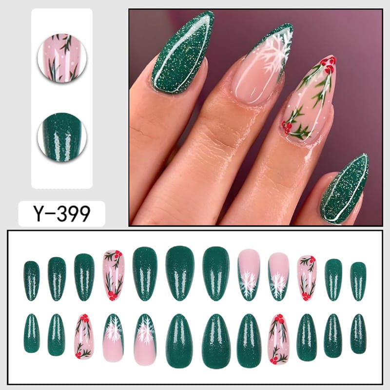 Christmas Snowflake Holly Antlers Deer Glossy Green Glitter Press On Nails