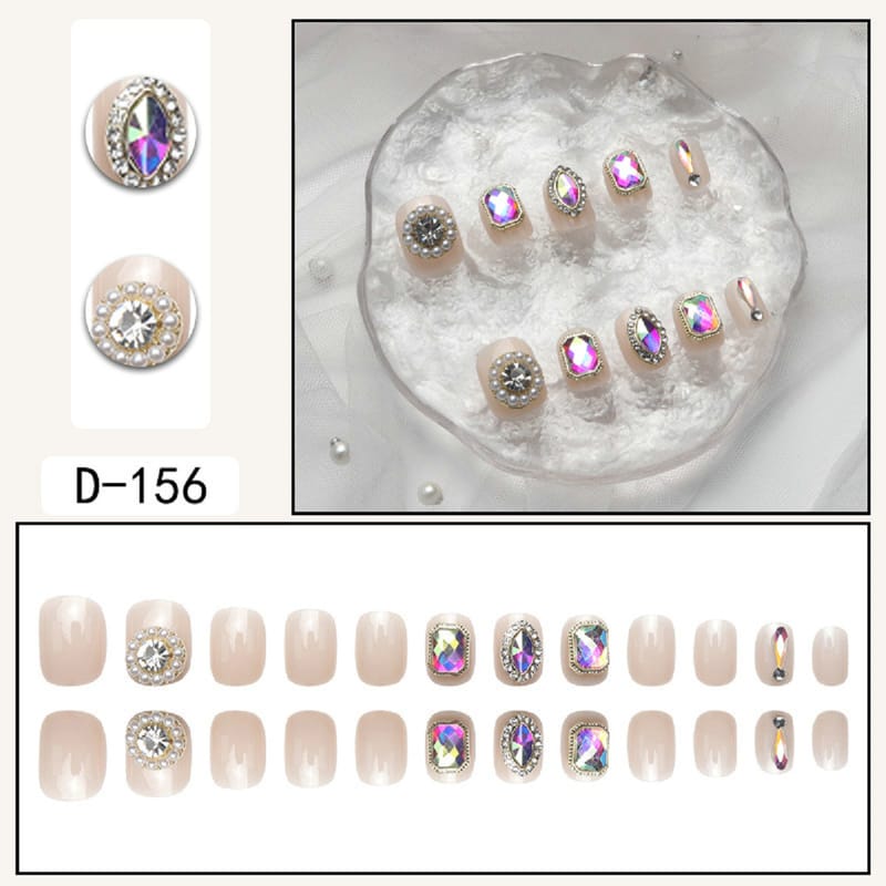 Short Square Pearls Rhinestones Glossy Finish Press On Nails
