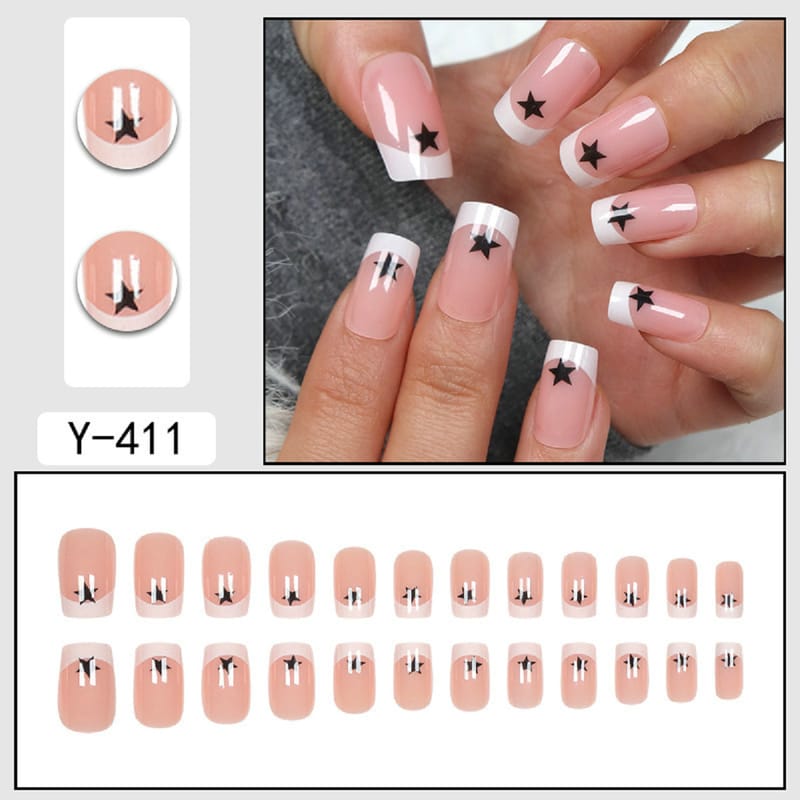 Short Square Black Stars Classic White French Press On Nails