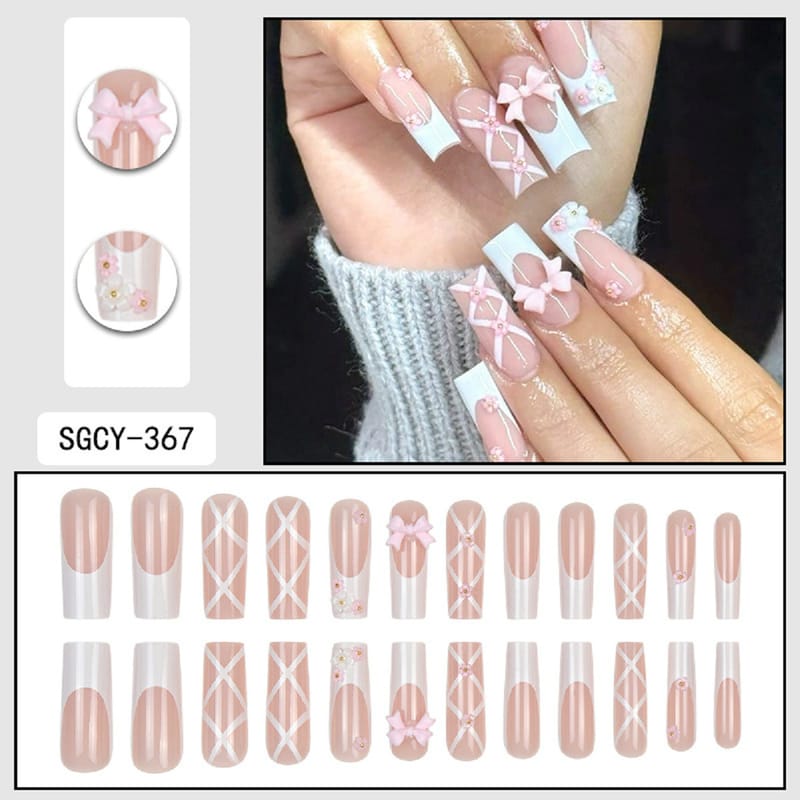 French Sweet Candy Bow Flower Press On Nails