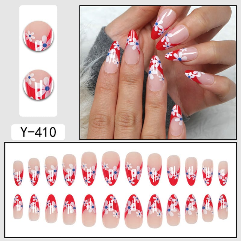 French Almond Oval White Flower Press On Nails