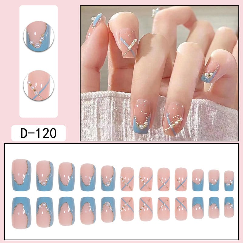 Blue Pink with Pearl Diamond Press On Nails