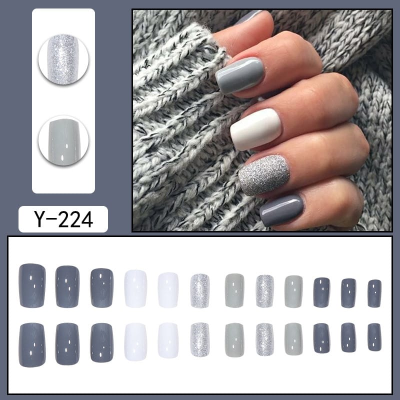Grey Short Square Glitter Charming Press On Nails