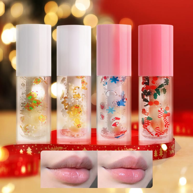 4 Styles Christmas Clear Formula Vegan Glow Lip Oil with Sequins