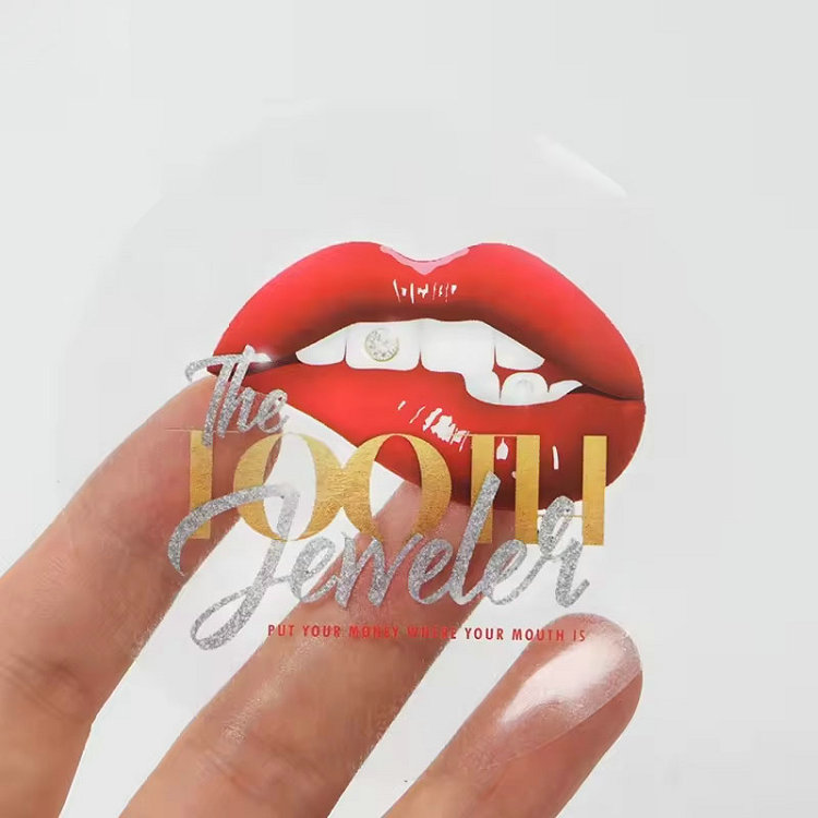 Transparent sticker with a clear background around the printed logo