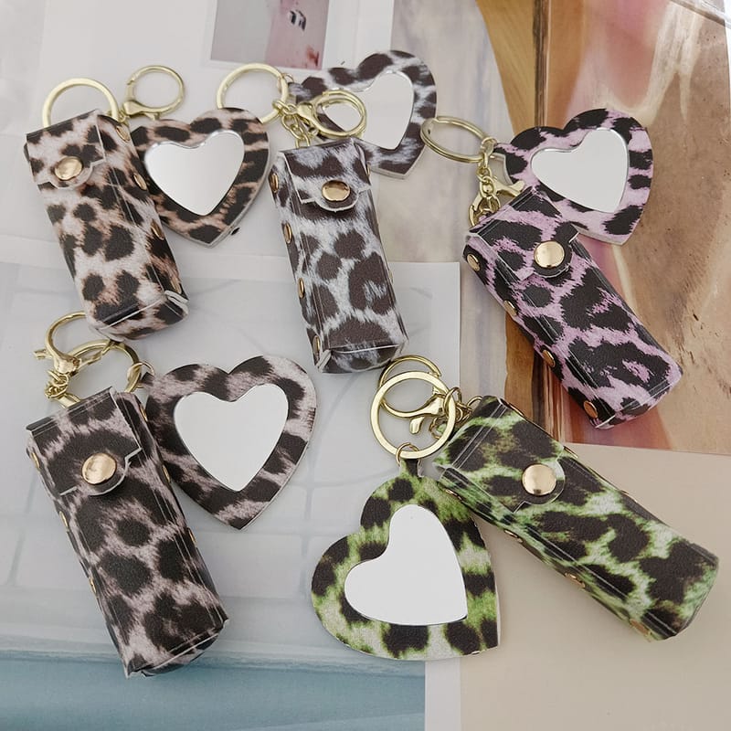 Leopard Print Lip Gloss & Lipstick Bag Keychain with Mirror