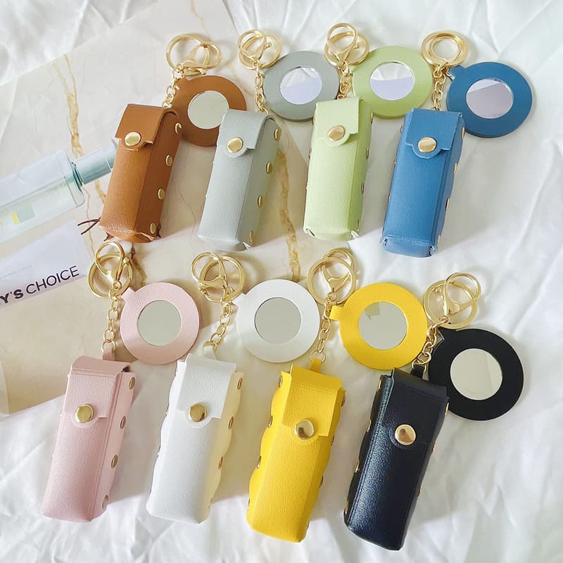 9-Color Lip Gloss & Lipstick Bag Keychain with Round Mirror