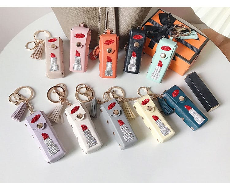 Rhinestone Lipstick-Themed Lip Gloss & Lipstick Bag Keychain