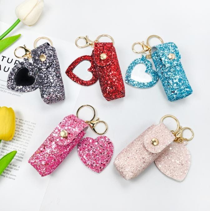 Glitter Lip Gloss & Lipstick Bag Keychain with Heart Mirror