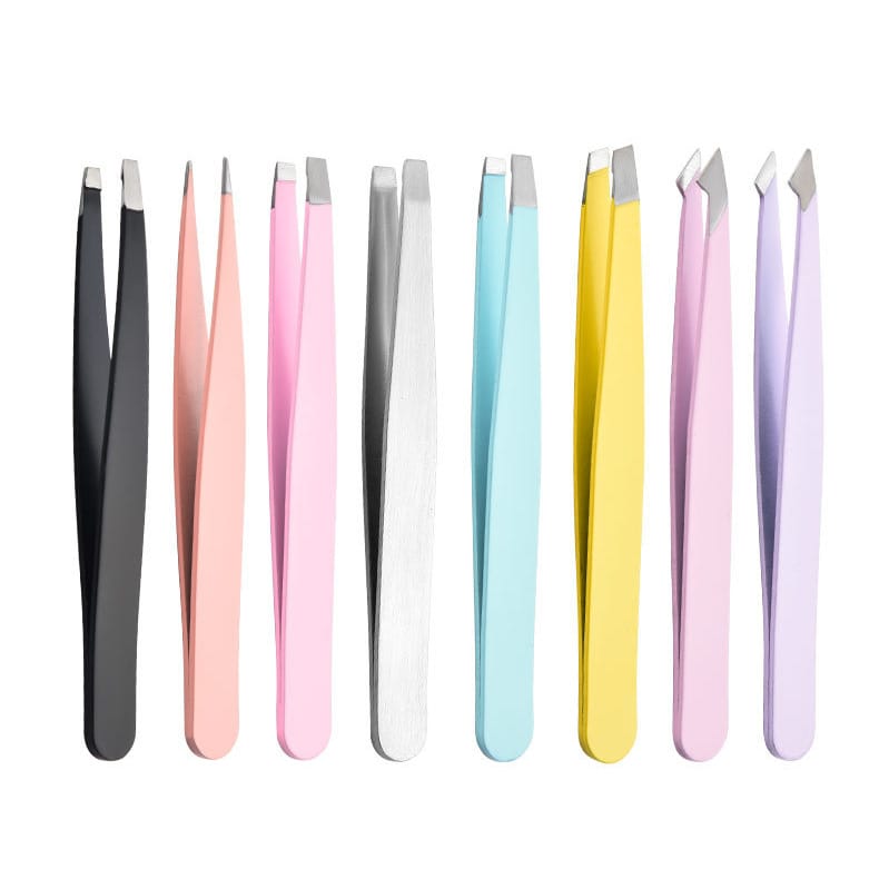 8 Color Stainless Steel Eyebrow Tweezers - Straight & Slant Tip