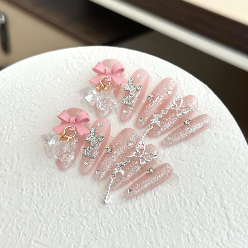 Pink Butterfly with Wind Charm Edgy Cute Press On Nails