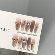 Luxury Brown Cat Eye Long Press On Nails with Cluster Diamonds