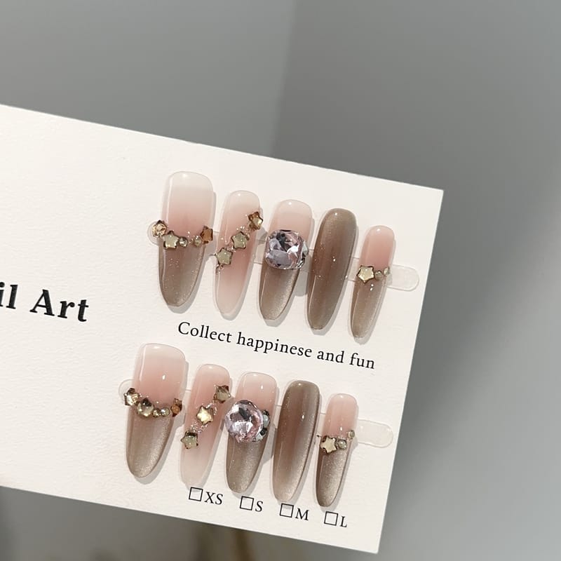 Luxury Brown Cat Eye Long Press On Nails with Cluster Diamonds