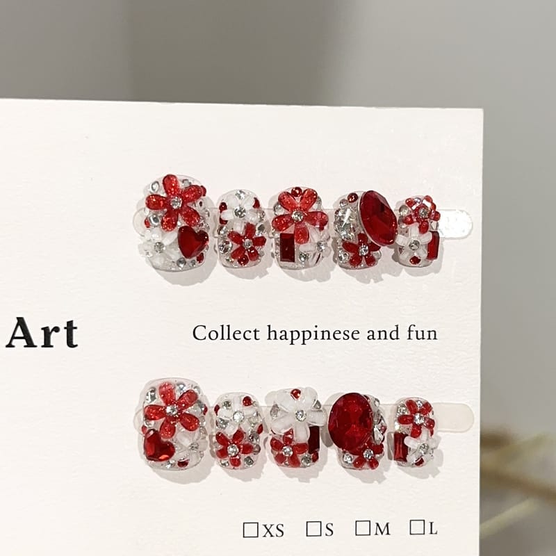 Red Floral Blinding Glitter & Diamonds Short Press On Nails