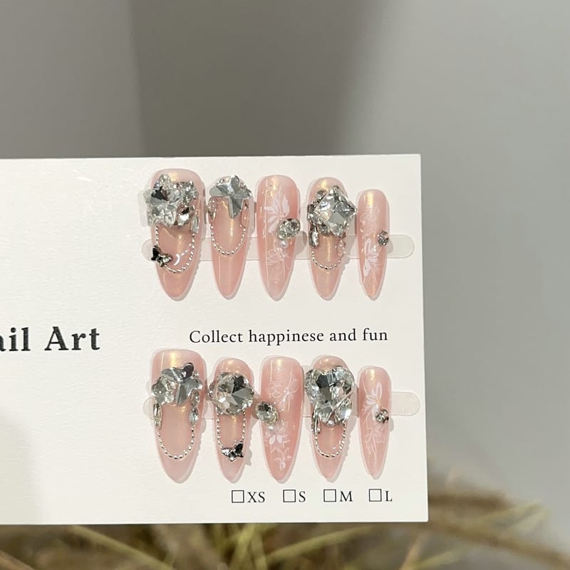 Pink Mirror Glitter Butterfly Cluster Drill Press On Nails