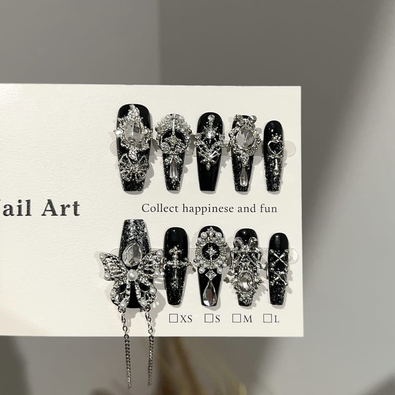 Luxury Gothic Black Butterfly Fringe Full-Drill Press On Nails