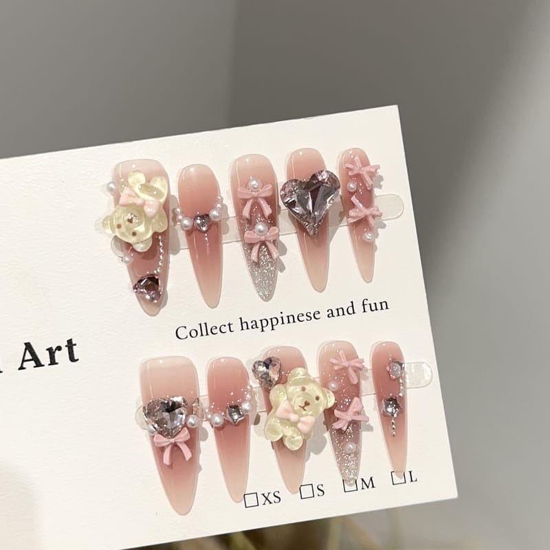 Barbie Pink Teddy Bear and Heart Long Press On Nails