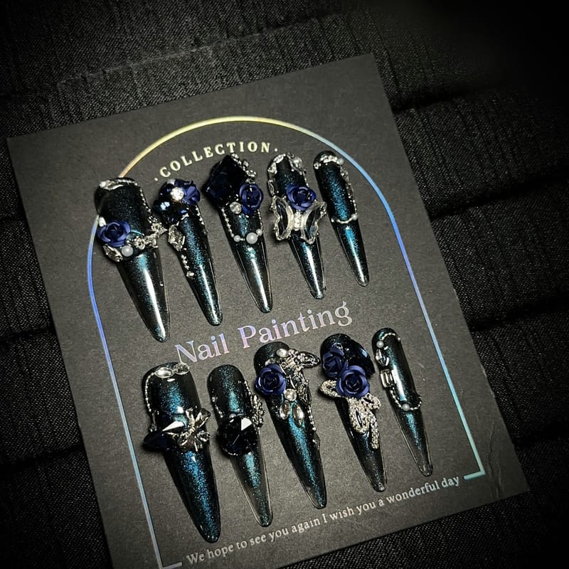 Navy Blue Smoky Rose Long Press On Nails