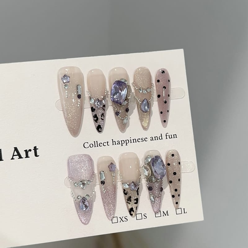 Purple Cat Eye Leopard Print Long Stiletto Press On Nails