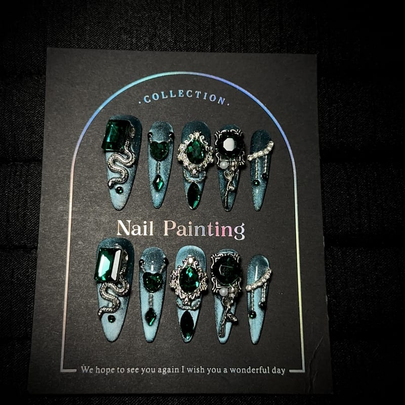 Medusa Green Dazzling Diamonds Long Press On Nails
