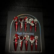Burgundy Rose Long Inlaid Diamonds Press On Nails