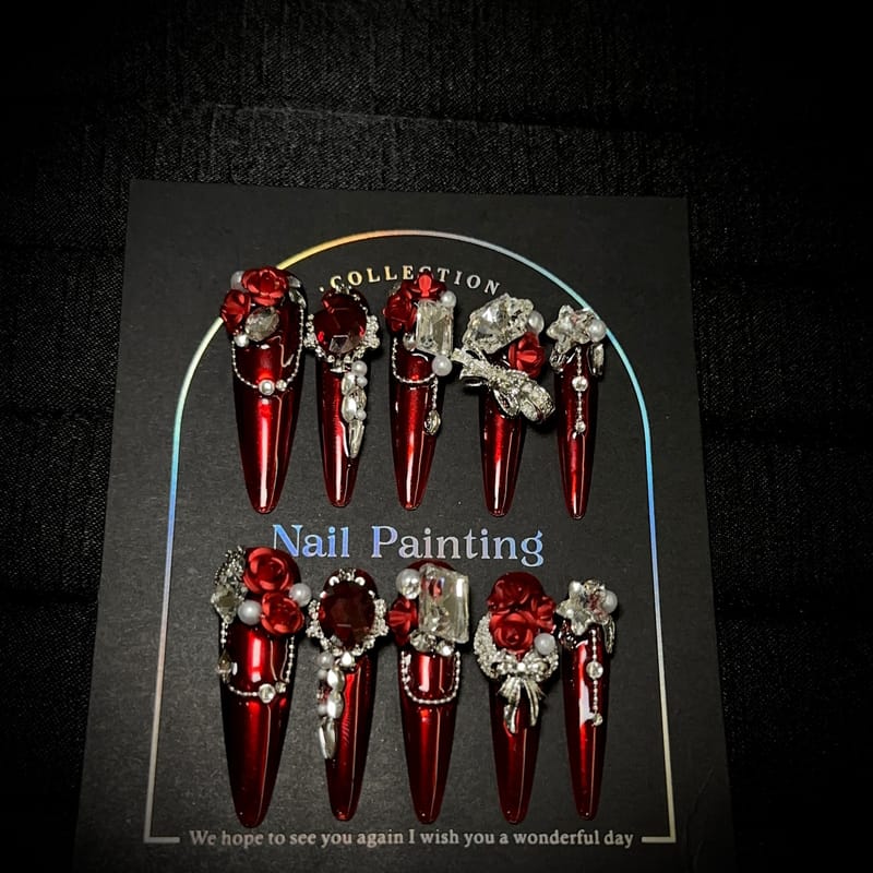 Burgundy Rose Long Inlaid Diamonds Press On Nails