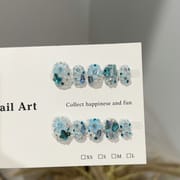 Blue Floral Full Drill Short Press On Nails