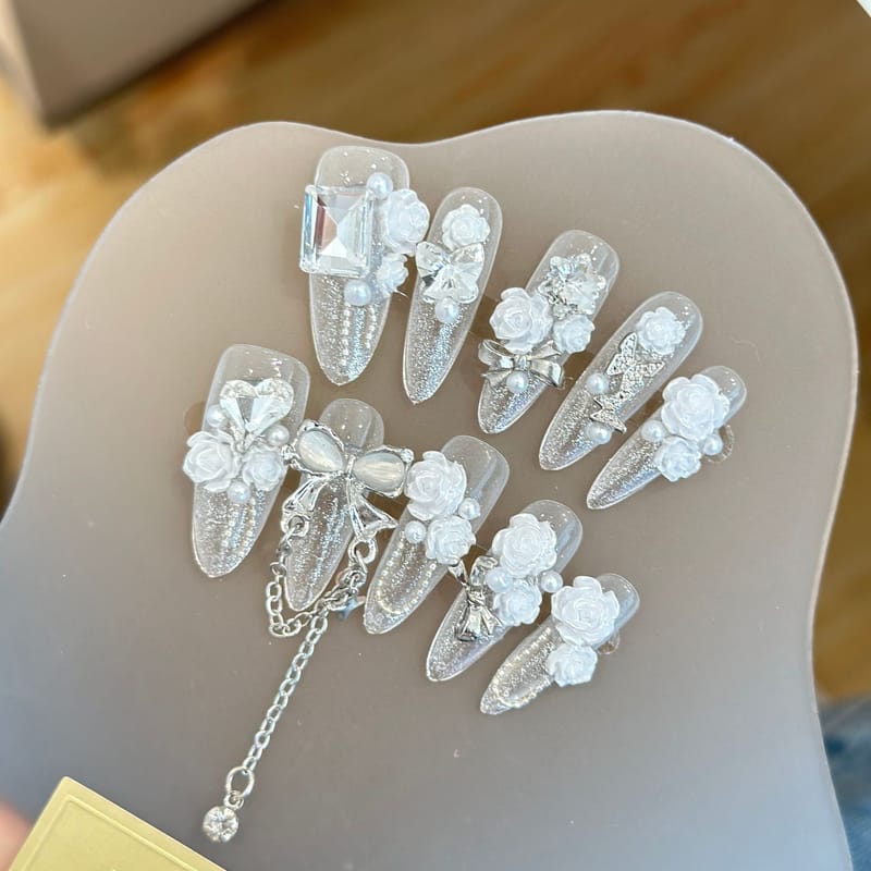 Cream White Camellia & Butterfly Large Crystal Press On Nails