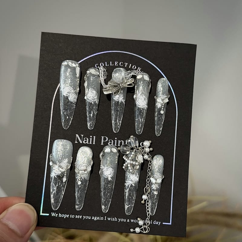 Silver & Clear Cat Eye Long Press On Nails